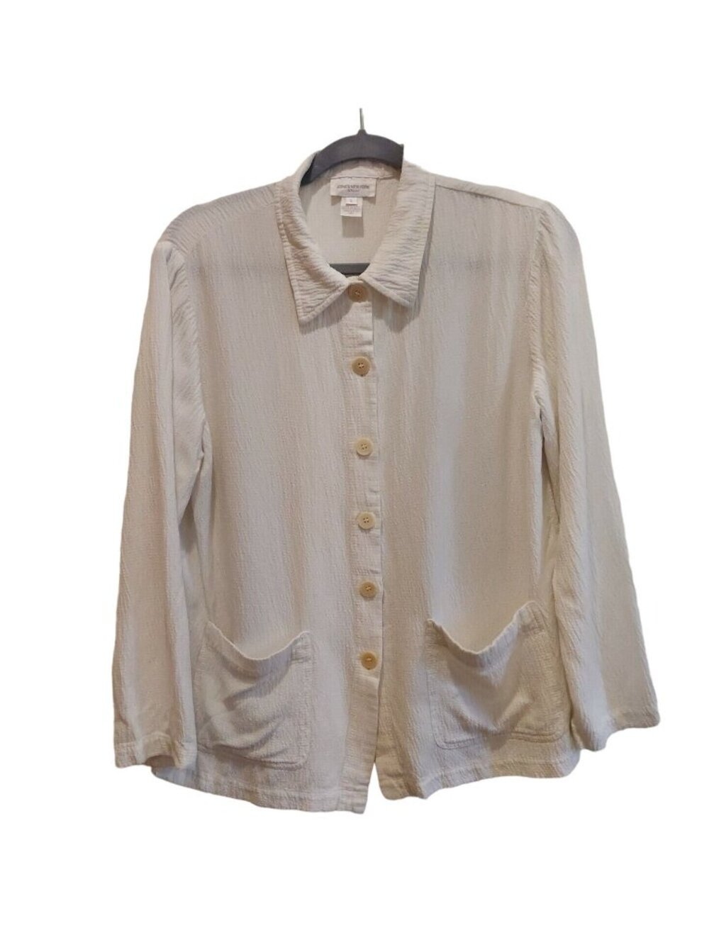 Jones New York White Linen Blend Top Blouse Womans L Textured jacket Gauzy beach